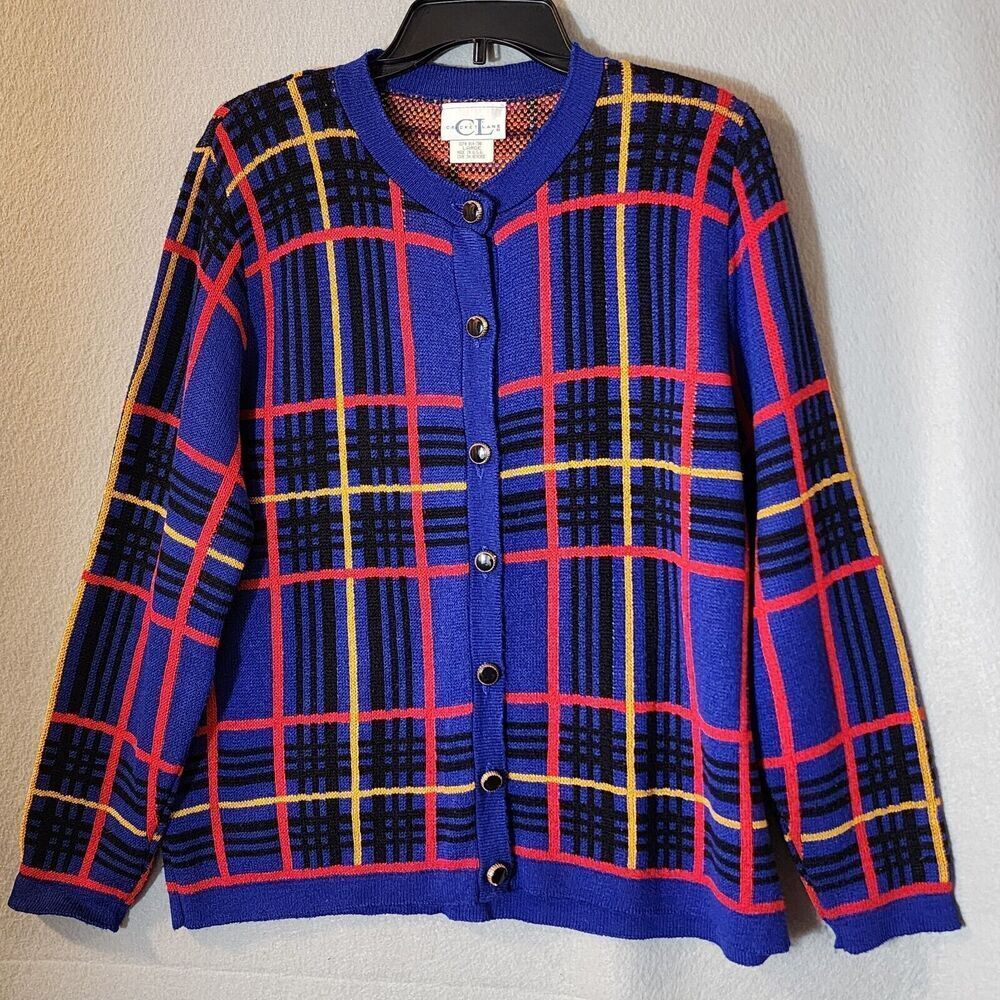 Vintage Cricket Lane Sweater  Cardigan Plaid Blue Red Festive Women's Large